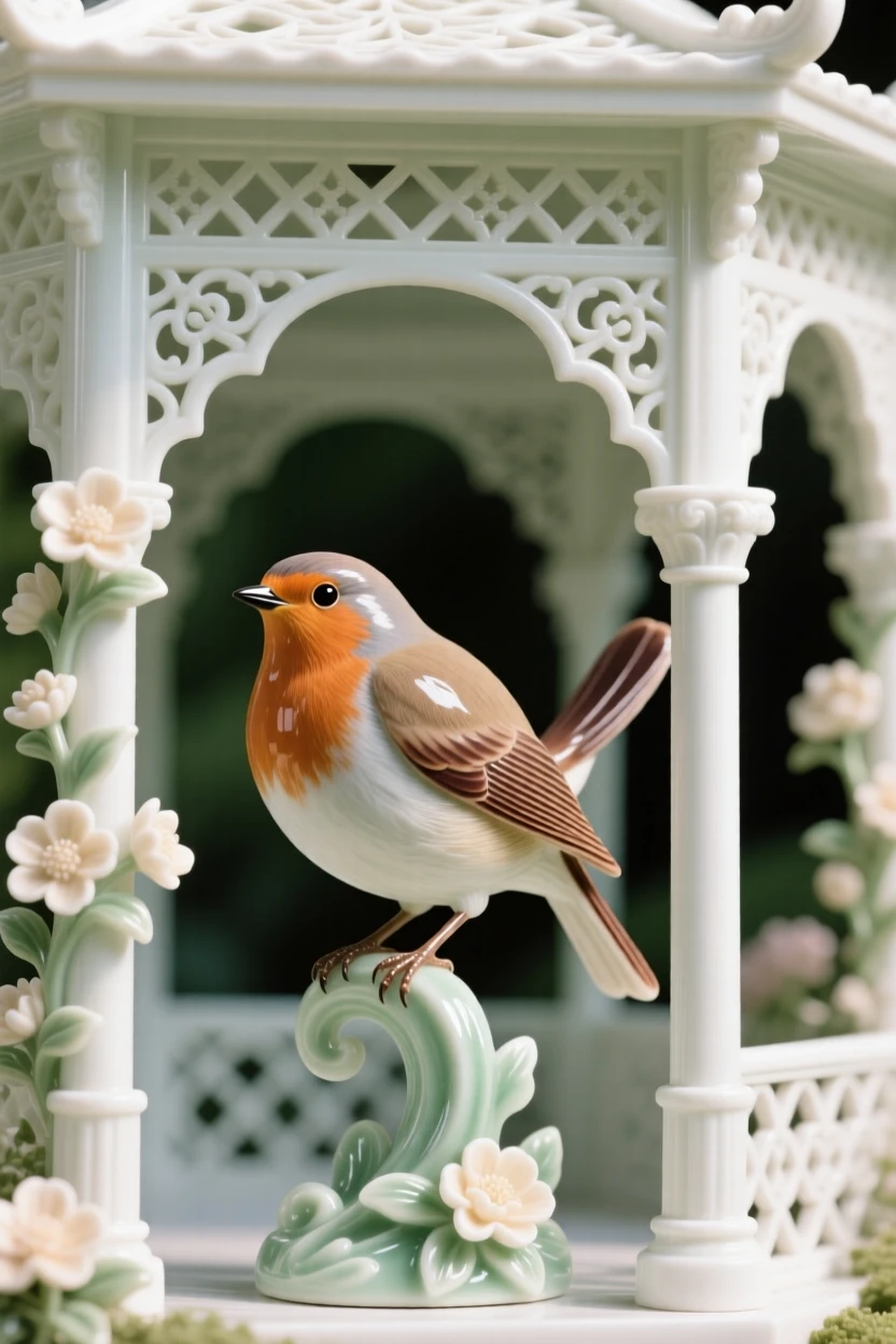 A brilliant robin in an ornate garden pavilion, perched with wings slightly raised.