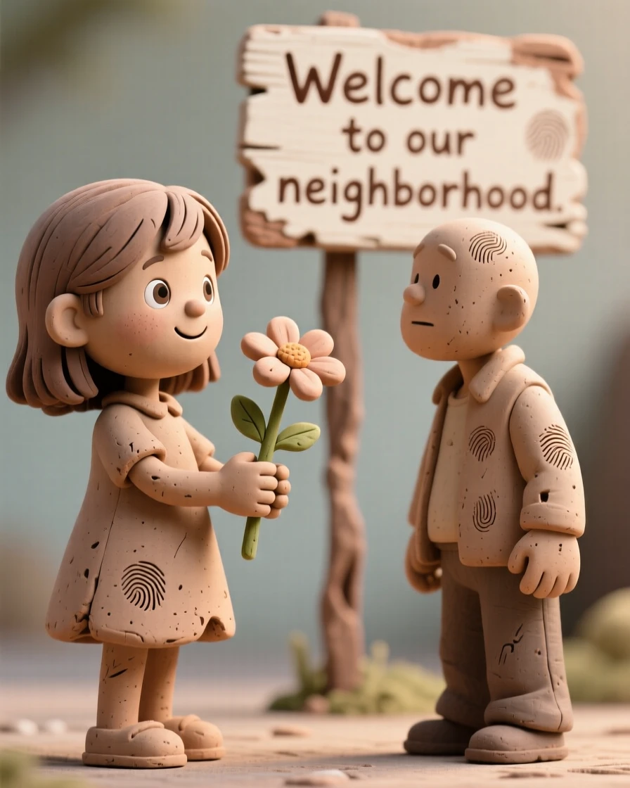 A young girl offering a flower to a passing stranger