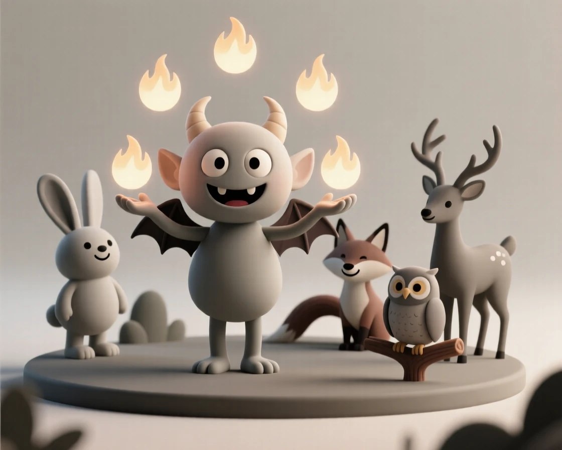 A mischievous imp with tiny bat wings juggles glowing orbs of fire for a delighted crowd of forest creatures.