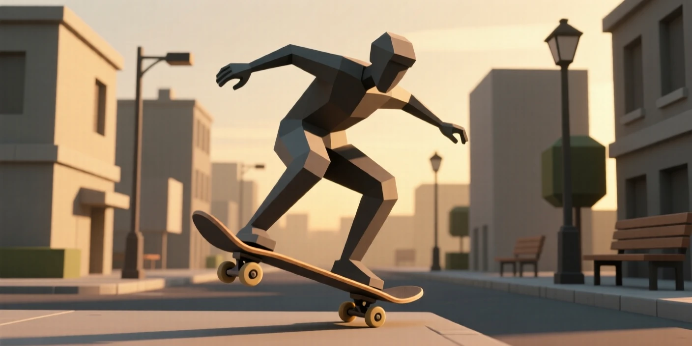 A skateboarder mid-trick against an urban backdrop, beneath a soft golden sunset. the framing emphasizes motion and energy. The mood feels tender and heartfelt.