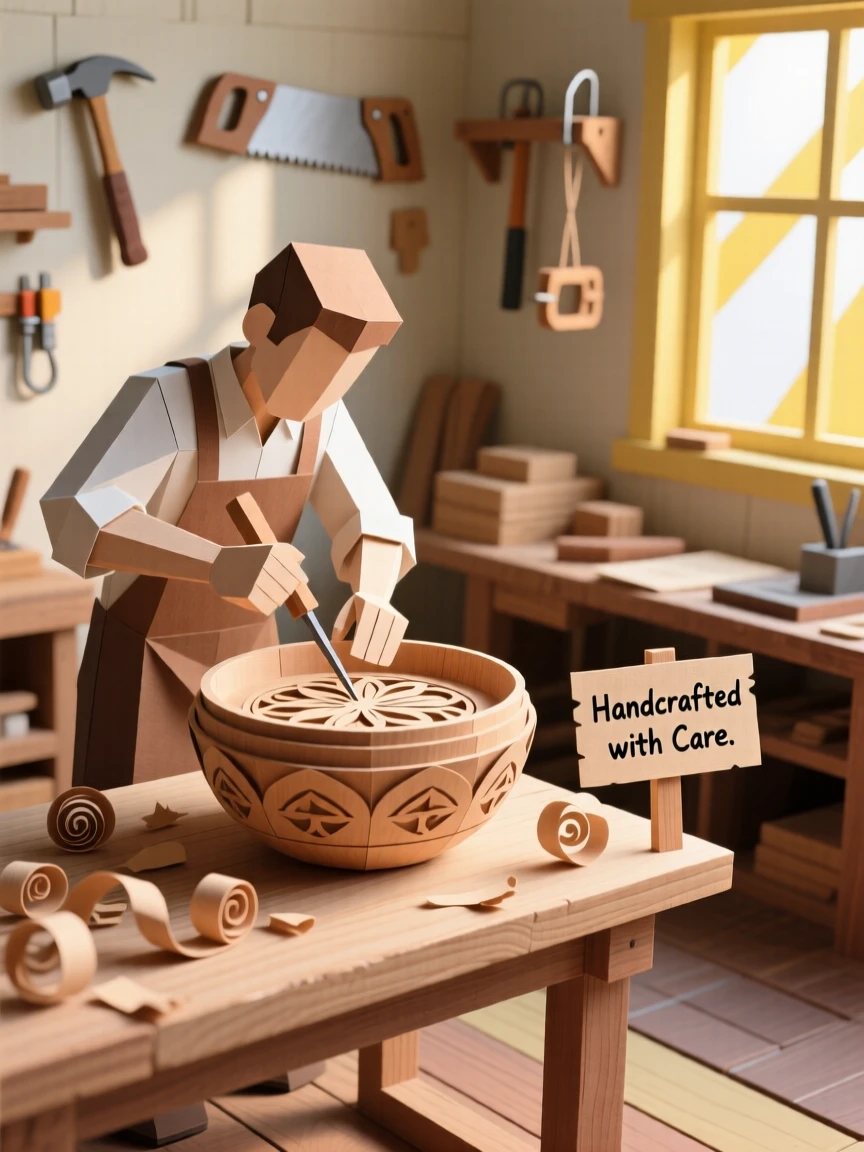 A woodworker carefully carving an intricate design into a wooden bowl in a sunlit workshop filled with tools and shavings, evoking meticulous craftsmanship.