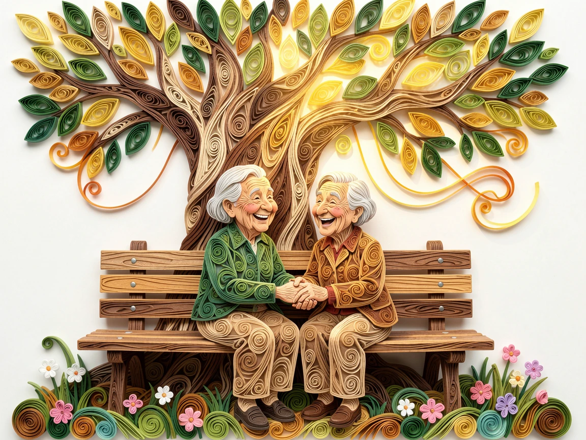 A heartwarming moment of an elderly couple holding hands on a park bench beneath the shade of a large oak tree, bathed in warm golden hour light, captured mid-laugh in a candid, joyful moment.