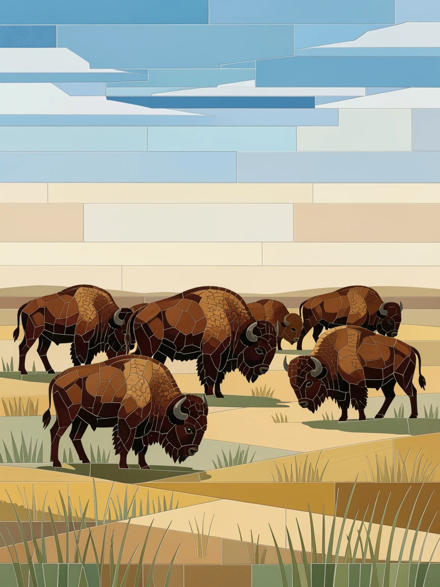 A herd of bison grazing on the open American plains.