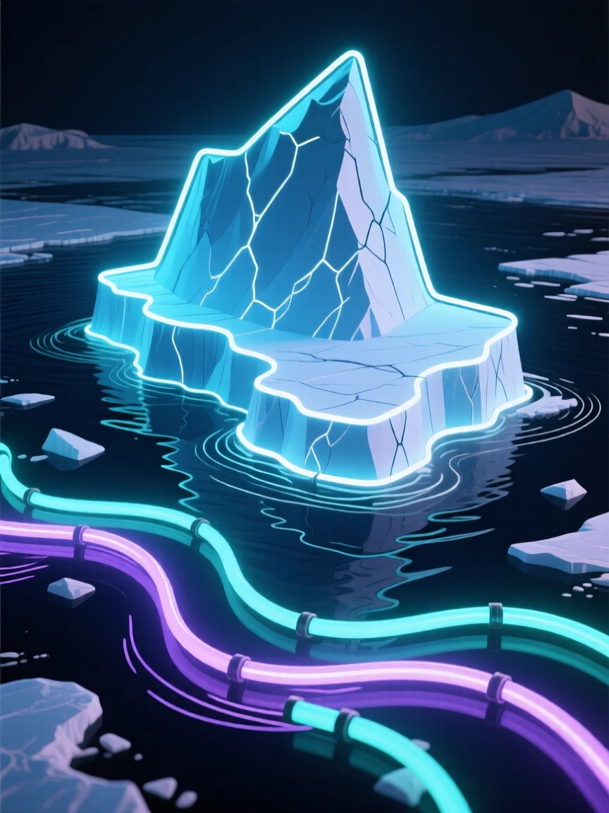 A dramatic aerial view looking down over a massive iceberg drifting through arctic waters.