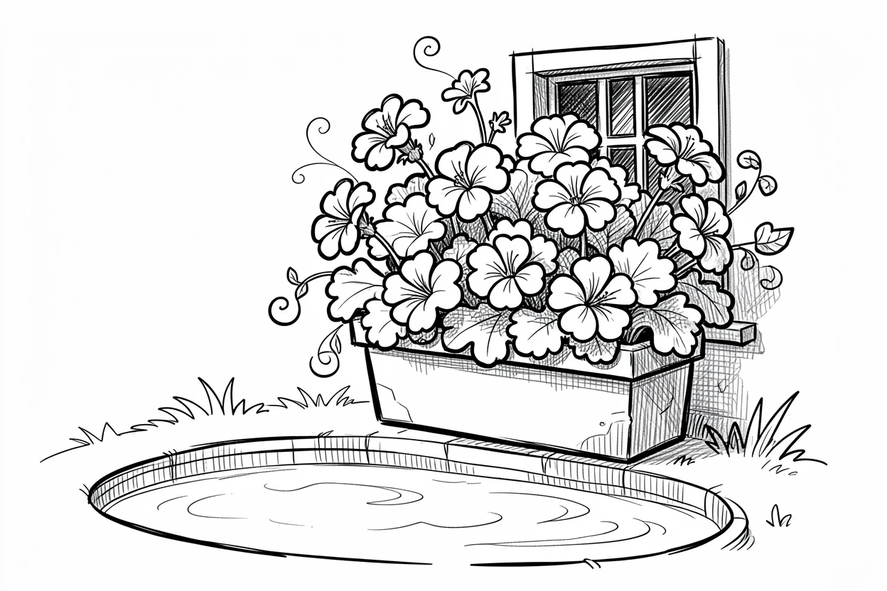A window box overflowing with geraniums beside a garden pond.