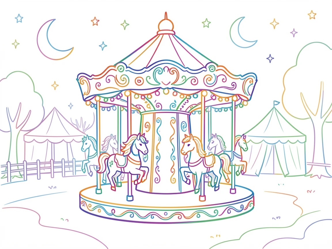 A magical carousel spinning in an abandoned moonlit fairground.