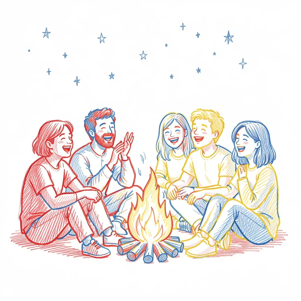 A group of friends sharing a laugh around a bonfire under the stars