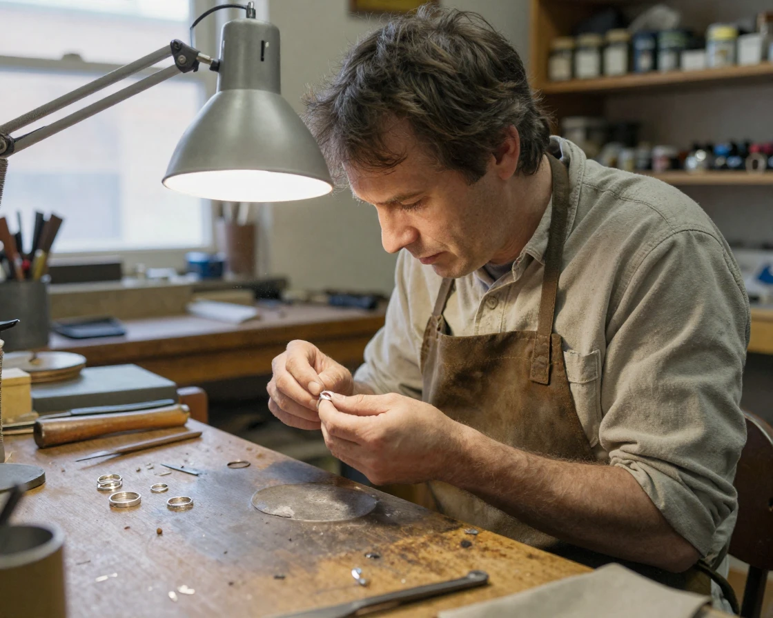 A silversmith polishes a finished ring under a bright jeweler's lamp.