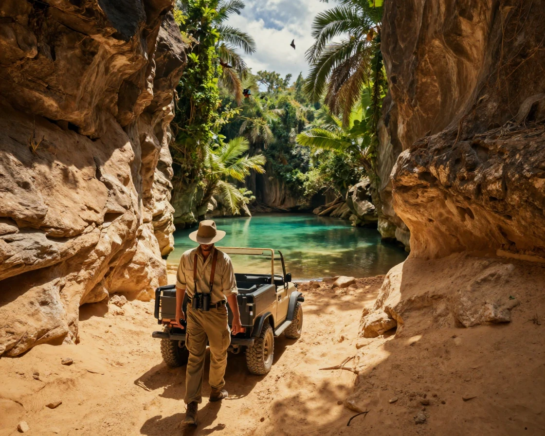 A safari guide navigating through a narrow desert canyon within a secluded tropical lagoon