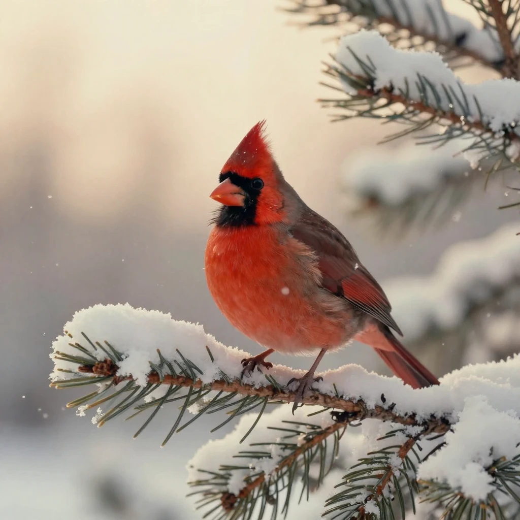 A red cardinal perched on a snow-laden pine branch, in the pale light just before sunrise, amid gently falling snow, in the depths of winter, in warm honey and cream tones, at eye level, intimate and direct.