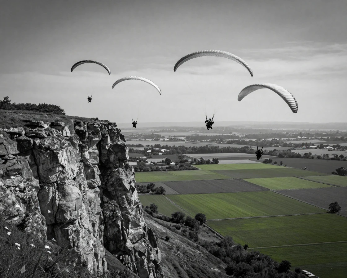 A group of paragliders soars above a coastal cliff over a patchwork of green fields.