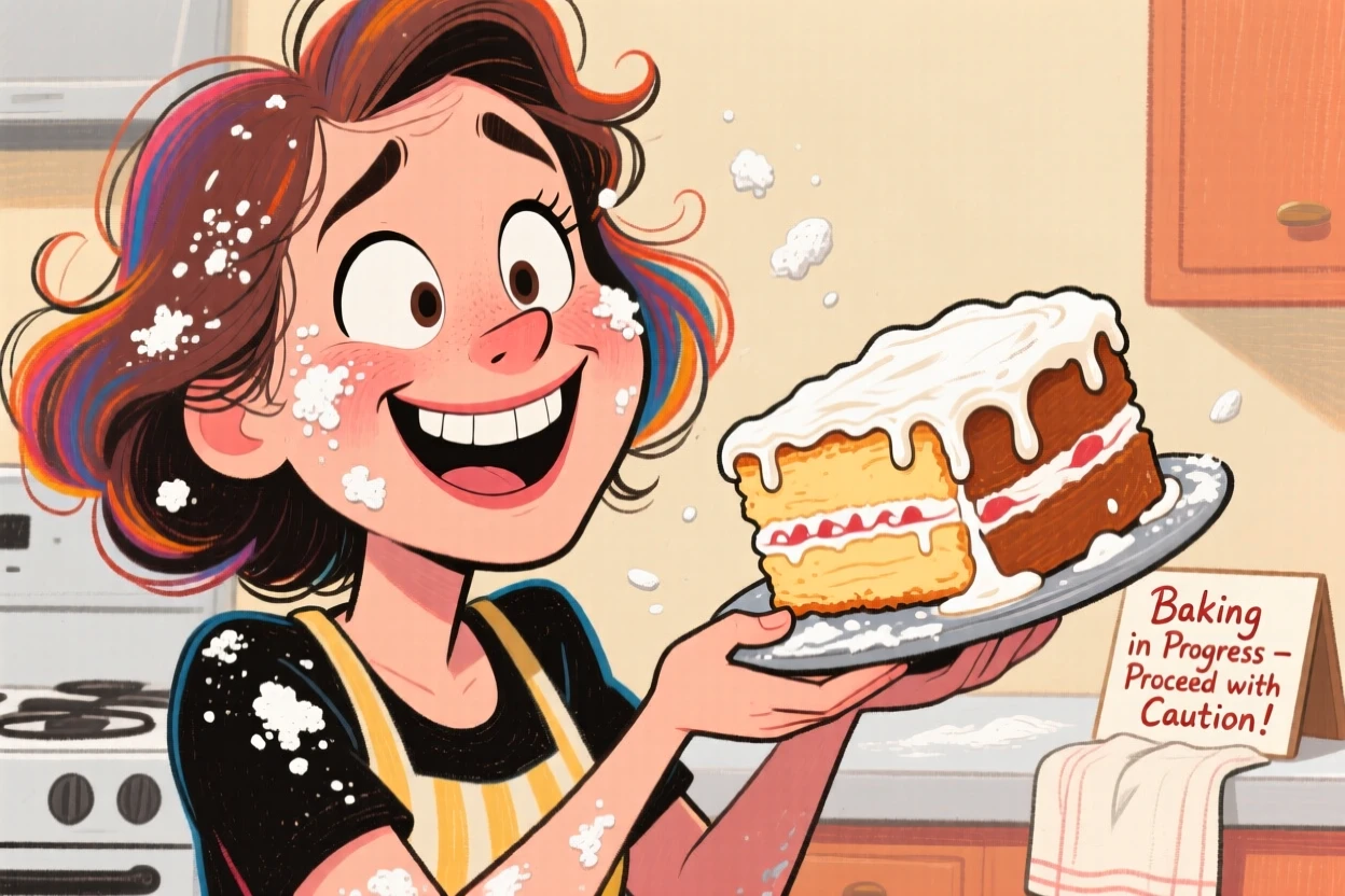 A woman with flour all over her face after a baking mishap, holding a lopsided cake.