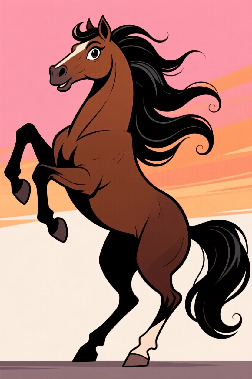 A charming animal moment featuring a regal horse rearing up on its hind legs, mane flying dramatically in the wind.