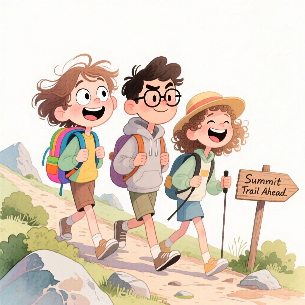 A trio of college friends hiking together up a scenic mountain trail