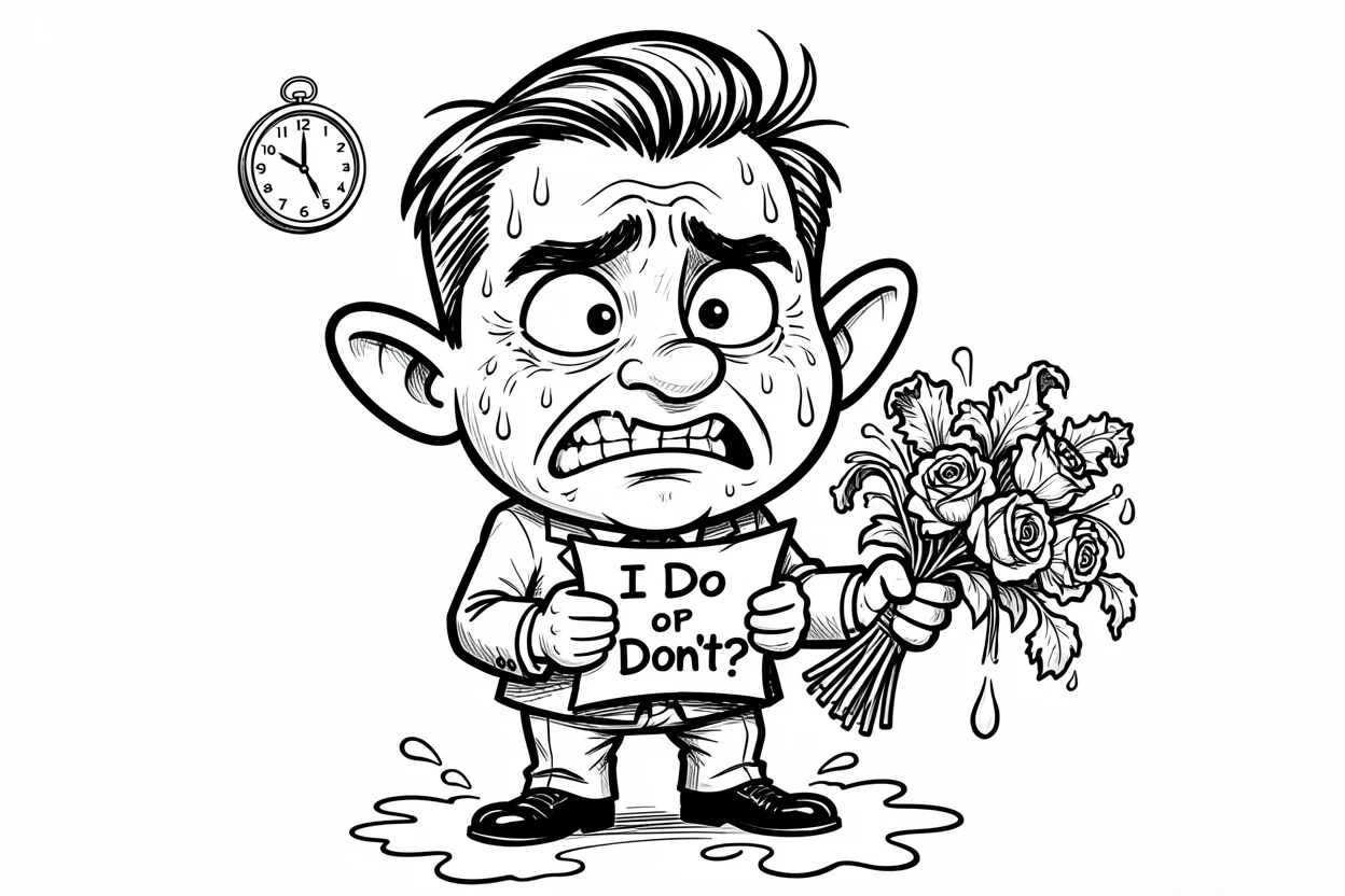 [Funny & Exaggerated Situations] Comical scene of a nervous groom sweating buckets before his wedding, exaggerated for maximum laughs