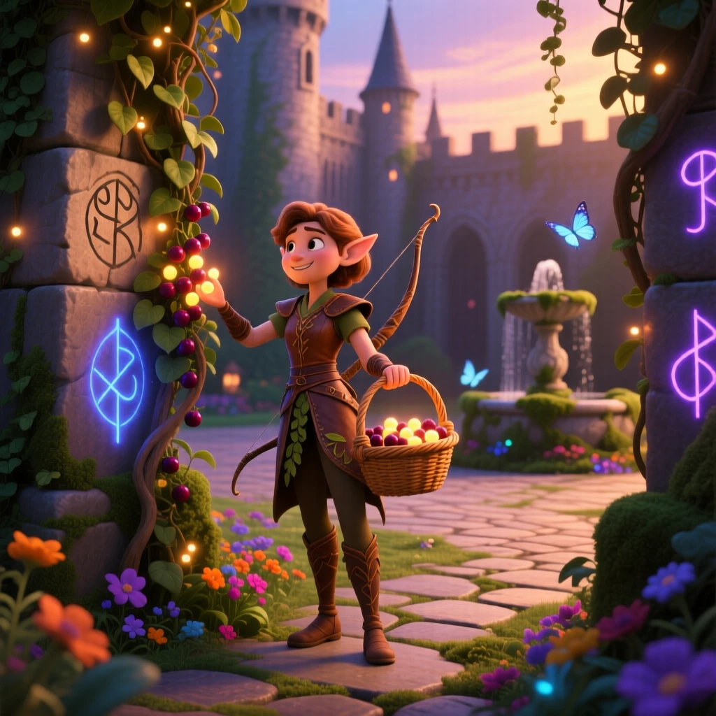 A wandering elf archer stands in a castle courtyard draped in twinkling vines, gathering glowing berries into a basket. A magical, wondrous stillness fills the scene, with glowing runes pulsing gently in the background.