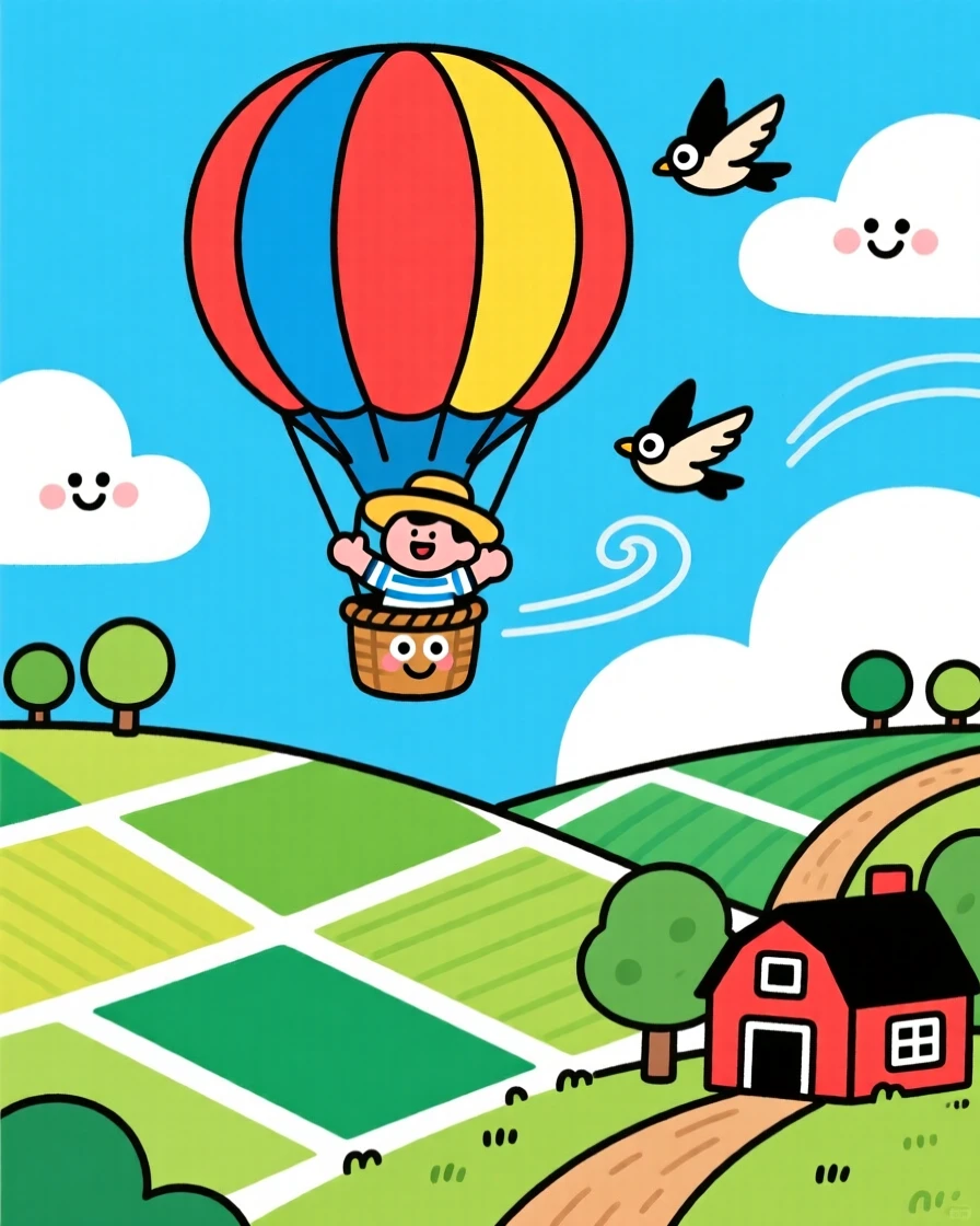 A hot air balloon drifting over a patchwork of green farmland.