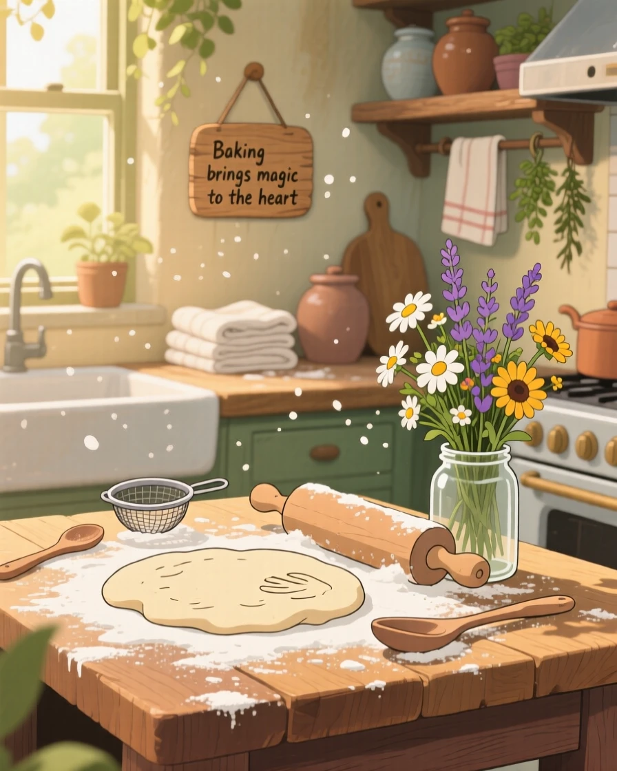 A warm, inviting scene of a kitchen counter dusted with flour mid-baking, with fresh flowers arranged nearby.