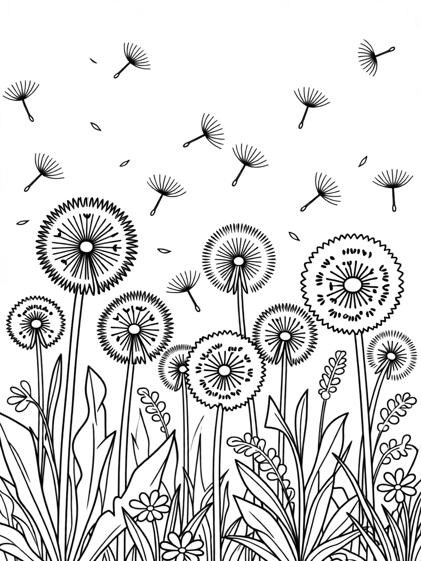 A dandelion field with seeds floating on the wind