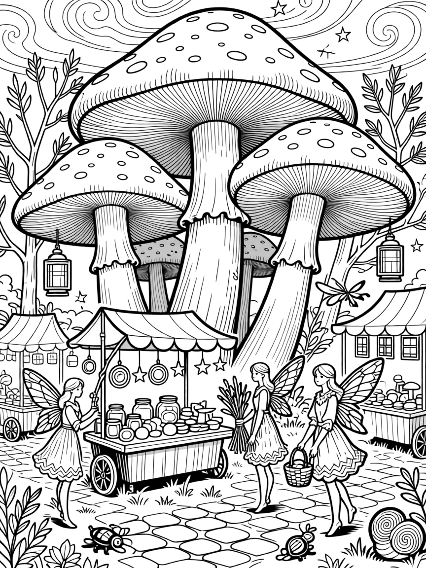 A fairy market bustling beneath giant toadstools at twilight.