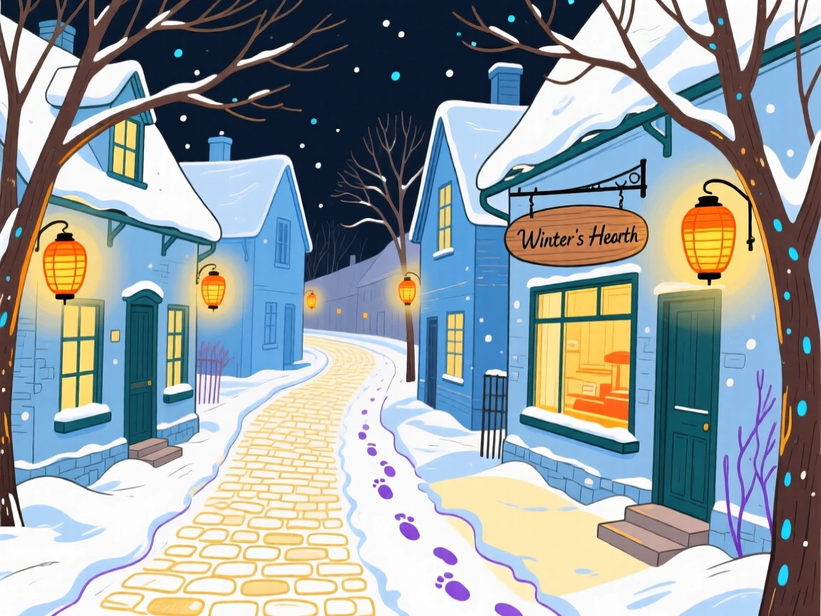 A snow-covered village street with glowing lantern lights.
