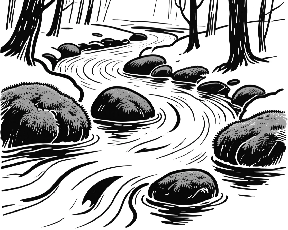 A quiet forest stream flowing over smooth mossy stones.
