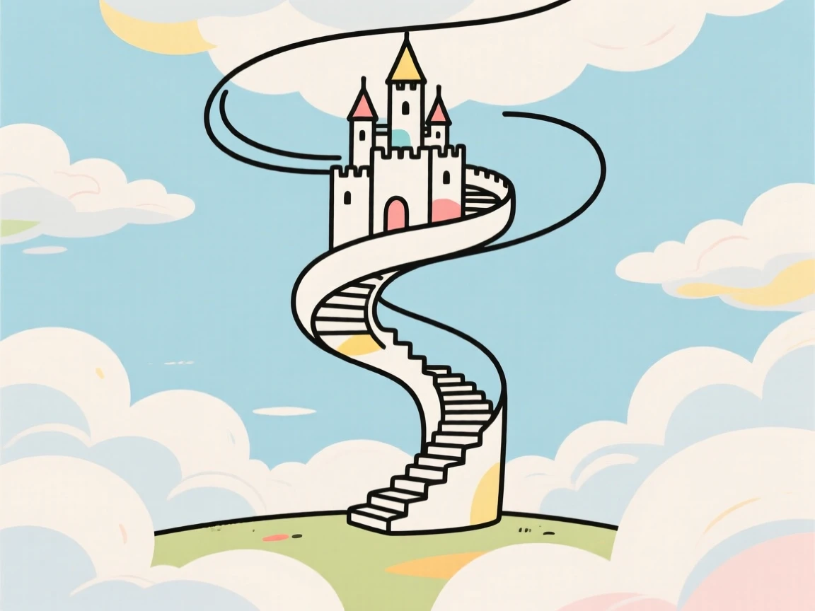 A castle floating among the clouds connected by a spiraling staircase.