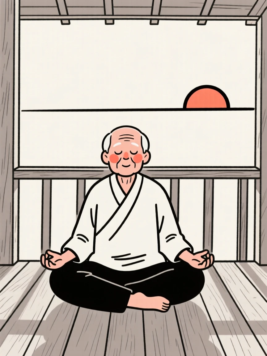 A grandfather practicing mindful breathing at sunrise, on a rustic wooden porch.