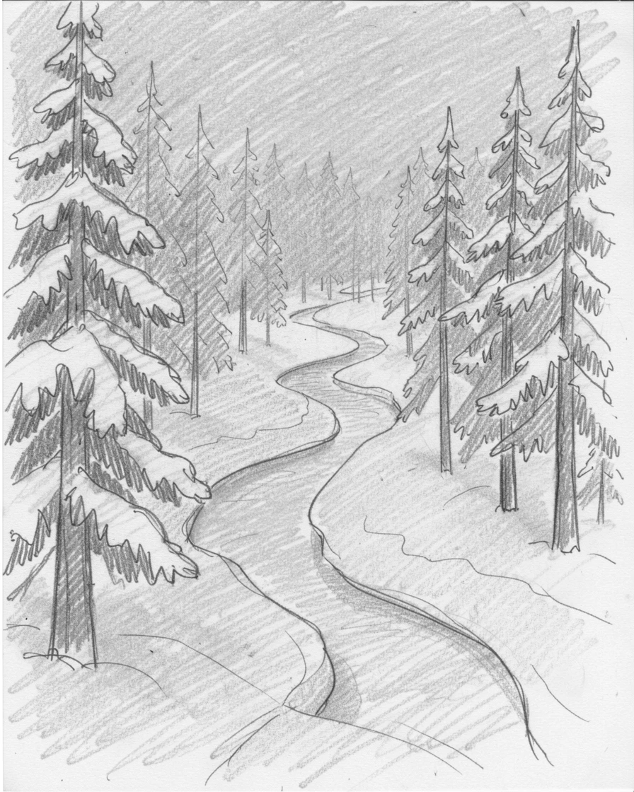 A breathtaking view of a pine forest after fresh snowfall, under the soft blue light of twilight, with a winding river cutting through the scene.