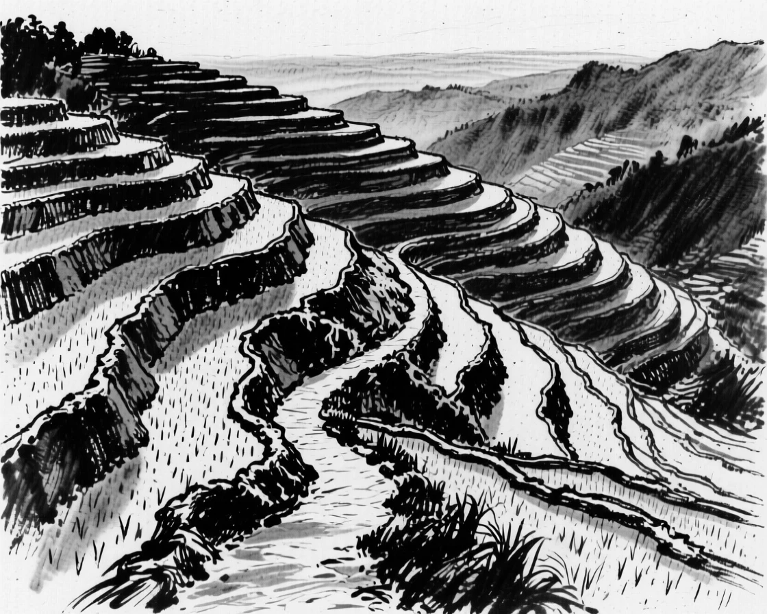 A cascading terraced rice field with a lone winding path leading into the distance.