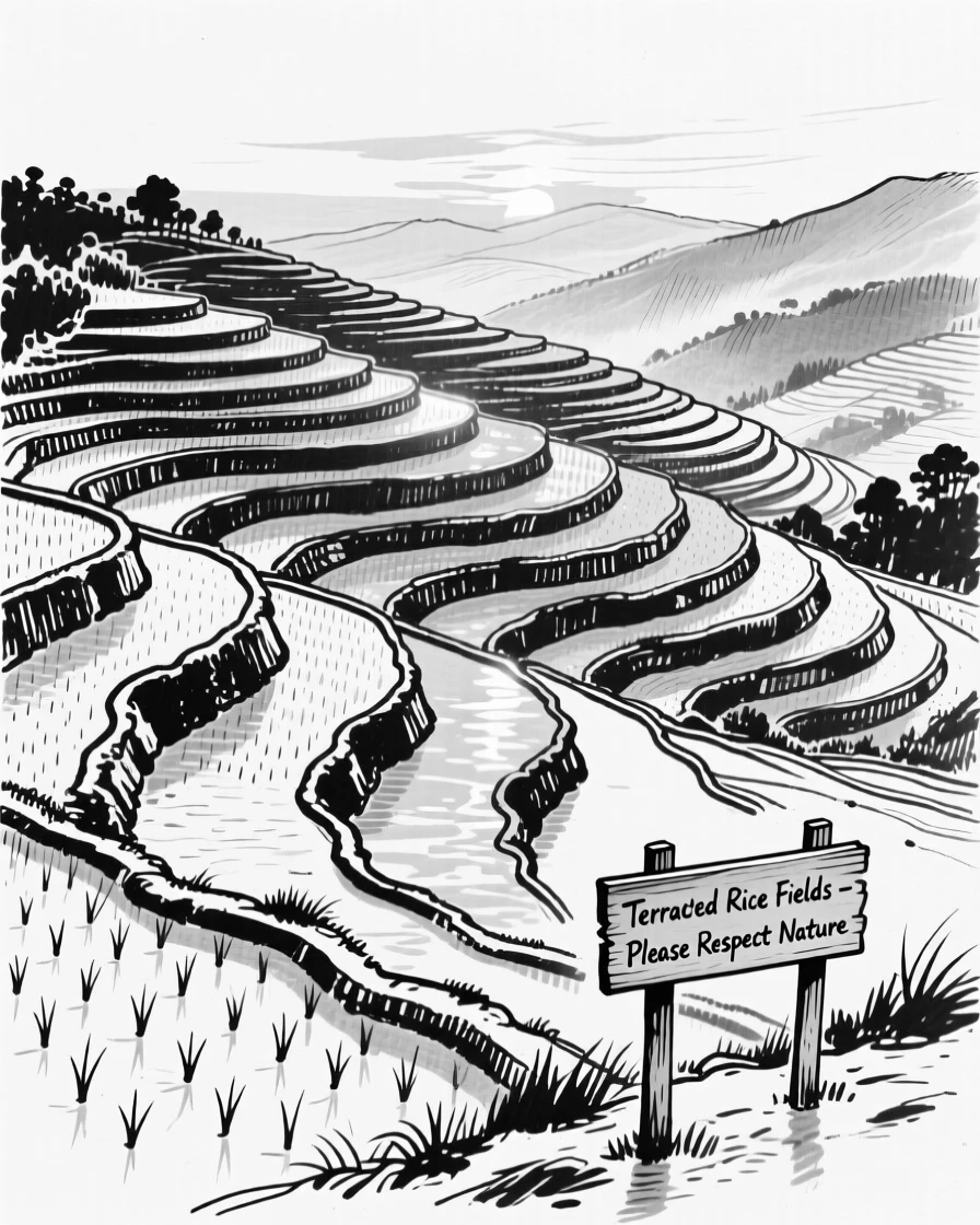 A rolling hillside covered in terraced rice paddies at golden hour.
