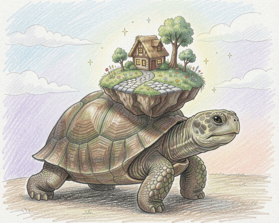 A giant turtle carrying a tiny floating island on its back, with intricate, whimsical details throughout the scene, evoking childhood wonder and magical storytelling.