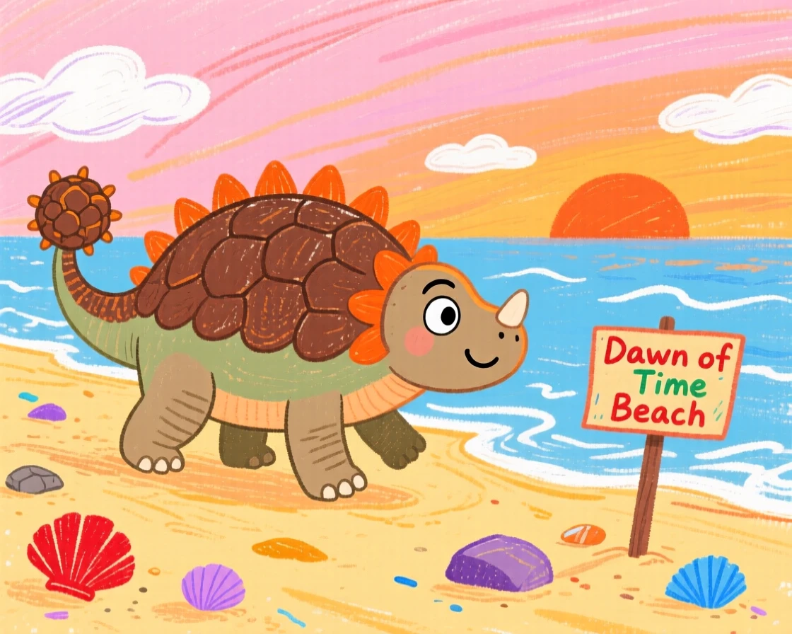 A curious Ankylosaurus walking along a beach at the dawn of time.