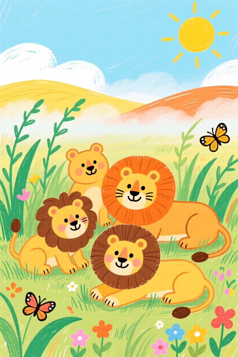A pride of lions resting in tall grass as the morning mist rises over the savanna.