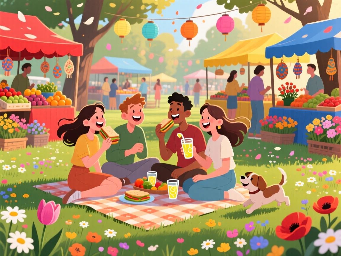 A group of friends having a picnic in a flower-filled park, in a lively outdoor market bustling with color, framed with warm, natural lighting highlighting genuine emotion, with small joyful details like flying hair or bright laughter.