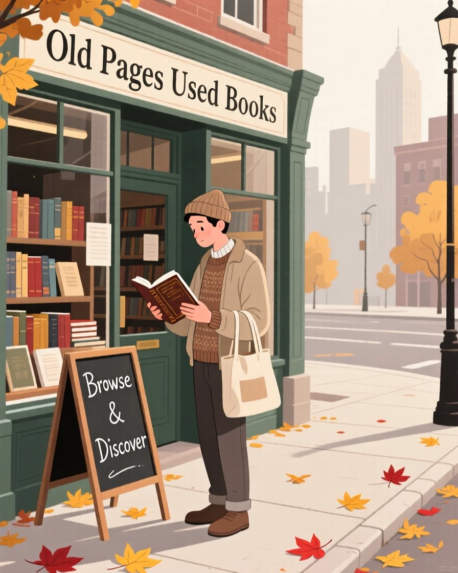 A street vendor browsing a used bookstore on a quiet autumn day in the city.