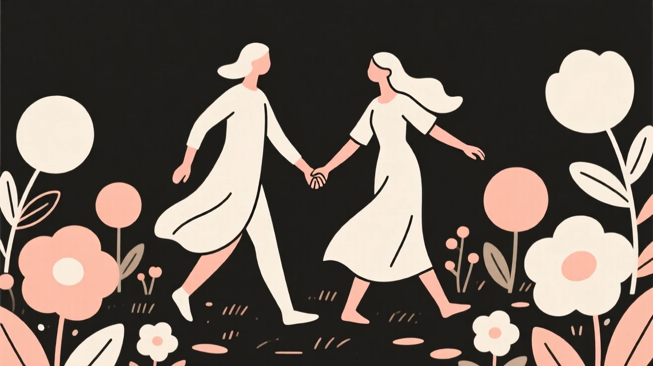 Two dancer walking hand in hand together in a garden in bloom, sharing a moment of warm connection.