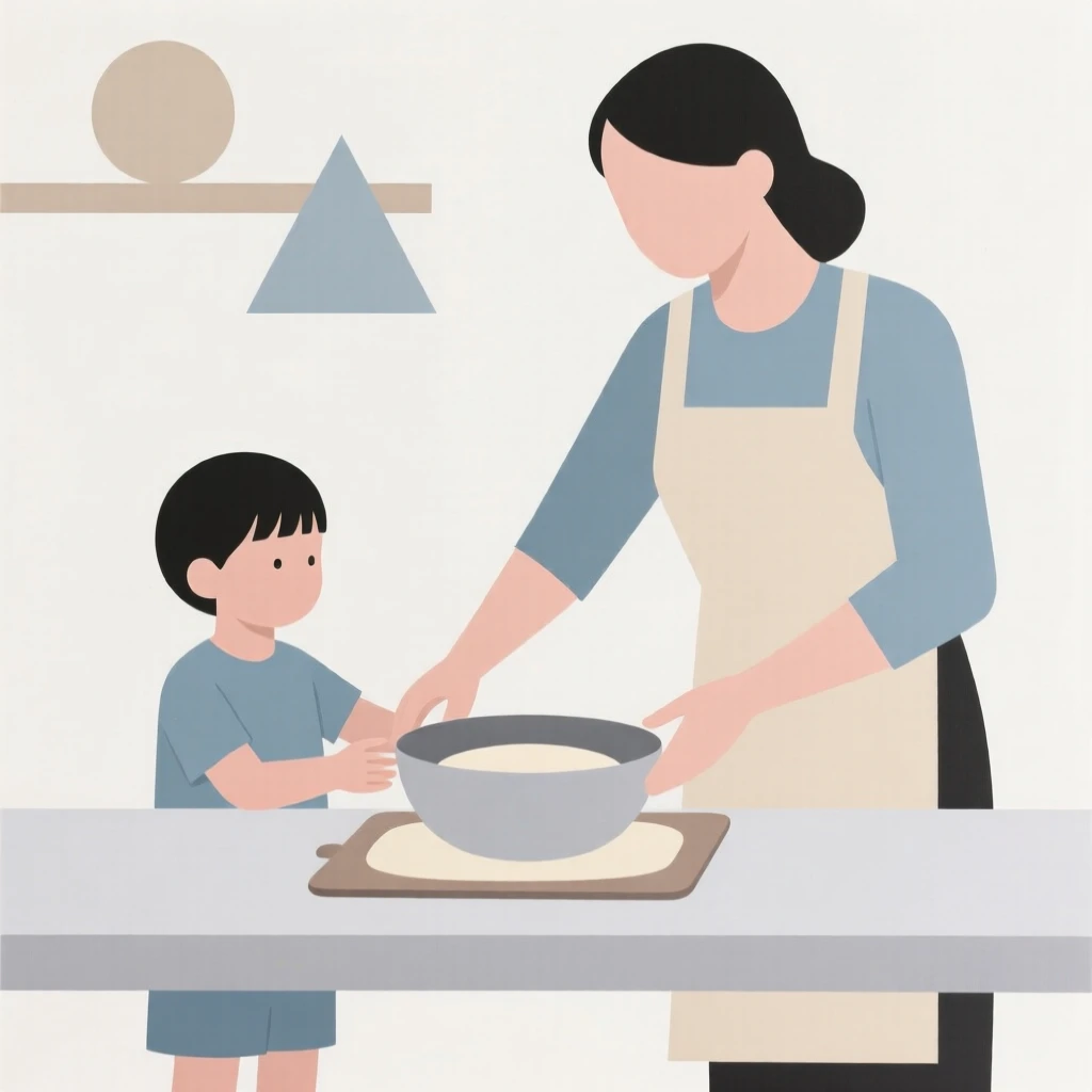 A mother teaching her child to bake