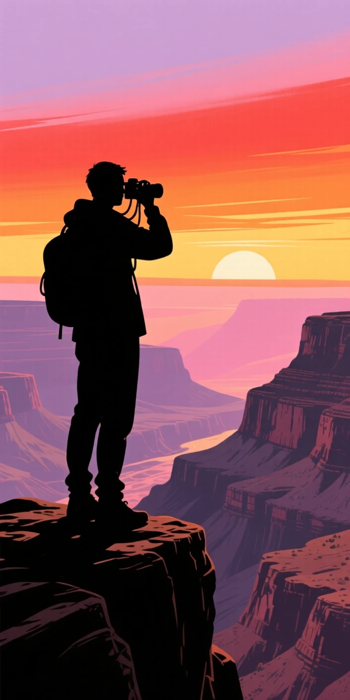 A traveler photographing a vast canyon from an overlook at sunrise.