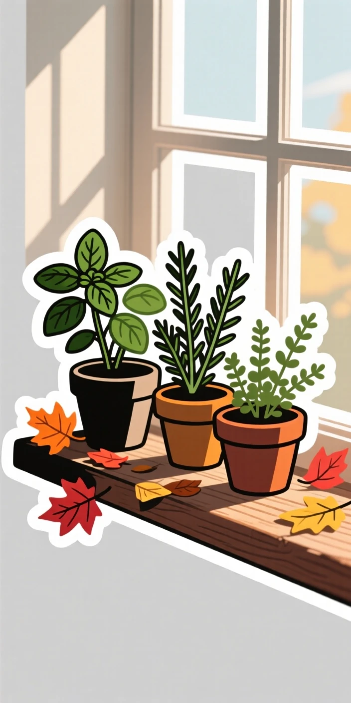 A quietly beautiful small potted herb garden on a windowsill, surrounded by scattered autumn leaves, in a sunlit reading corner.