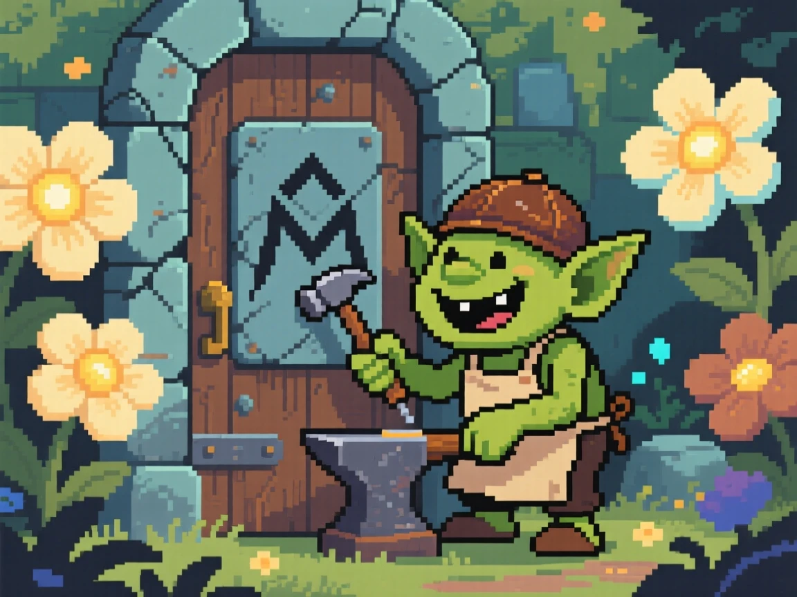 A cheerful goblin blacksmith carving a rune into an old stone door, within a garden of oversized enchanted flowers.