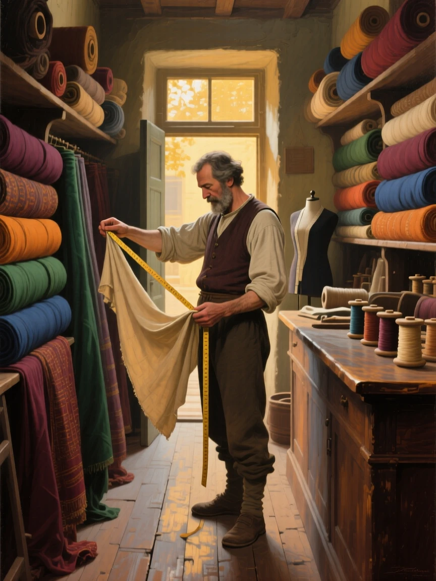 A wide establishing shot of a tailor measuring fabric in a narrow shop filled with bolts of cloth, in antiquity, at golden hour.