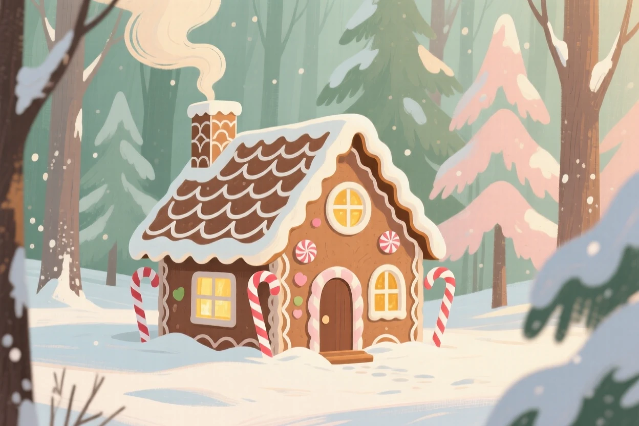 A gingerbread house nestled deep within a snowy forest