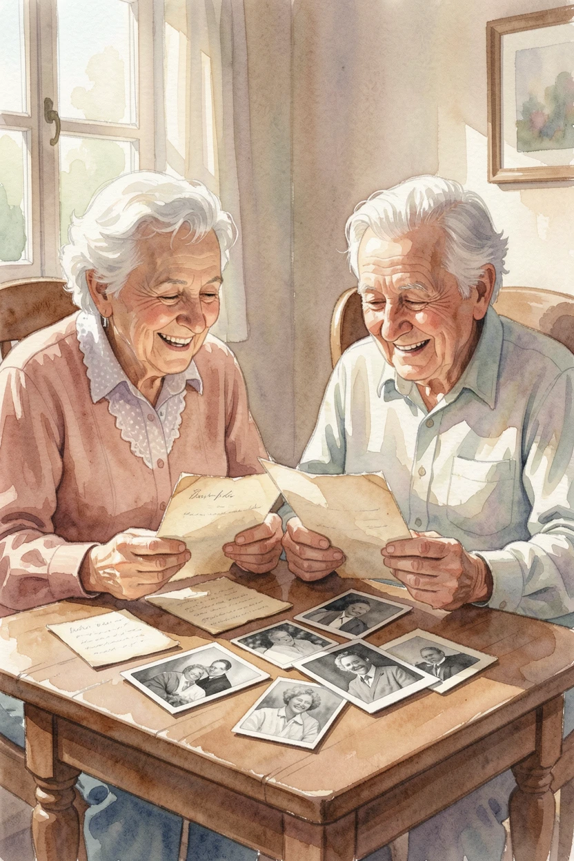 Grandparents reading letters from old photographs together with laughter echoing softly.