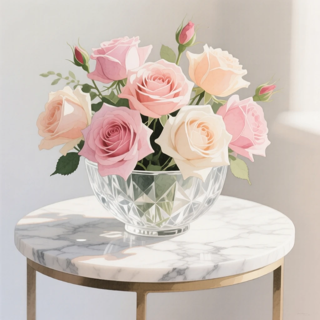 A bouquet of garden roses in soft, layered tones fills a delicate crystal bowl on a marble side table, petals catching the gentle light