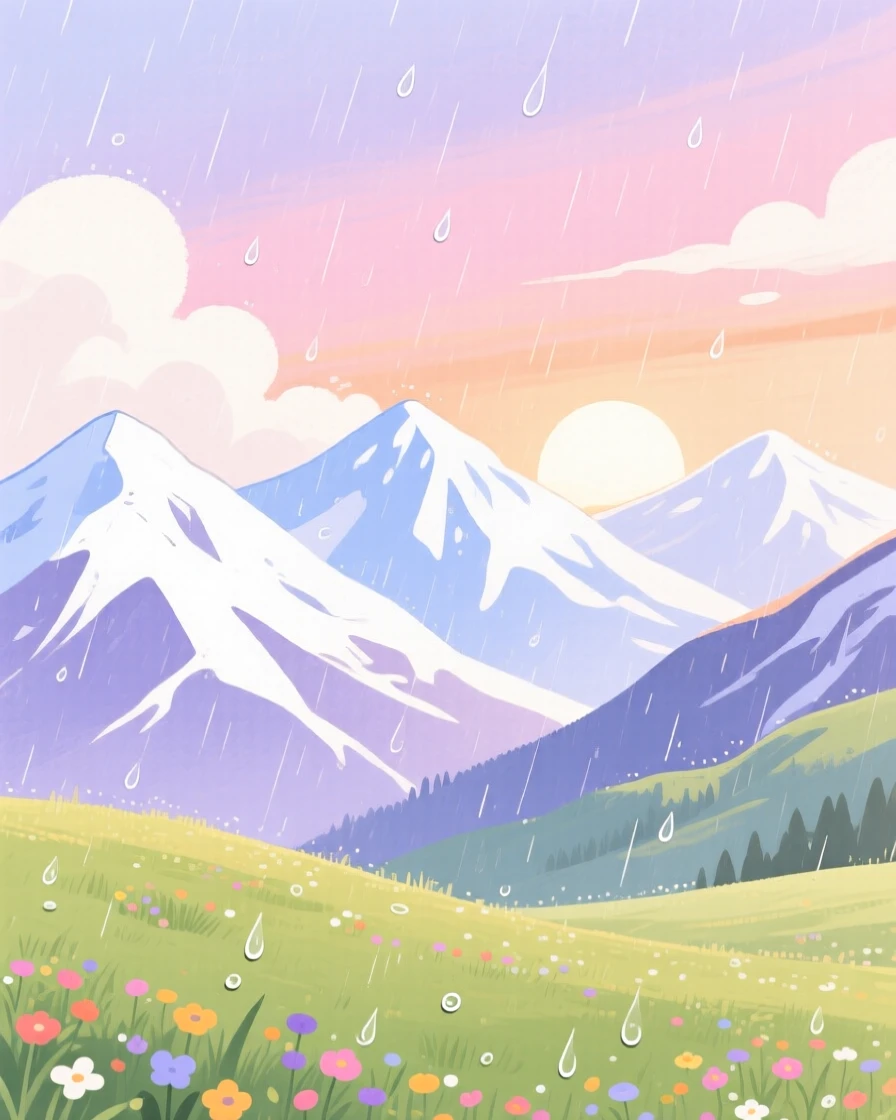 A sweeping view of a chain of snow-capped mountains at dawn just after a summer storm.