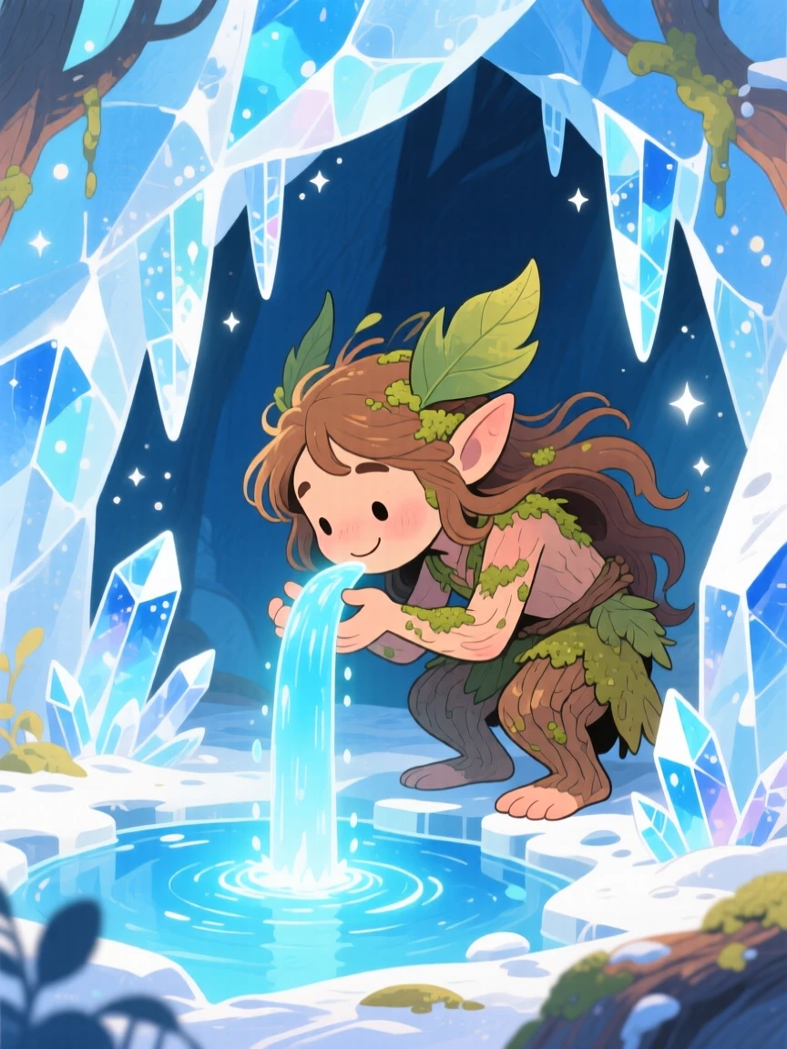 A friendly forest spirit drinking from a magical spring that glows softly blue, in a sparkling ice cave, brimming with magical warmth and beauty.