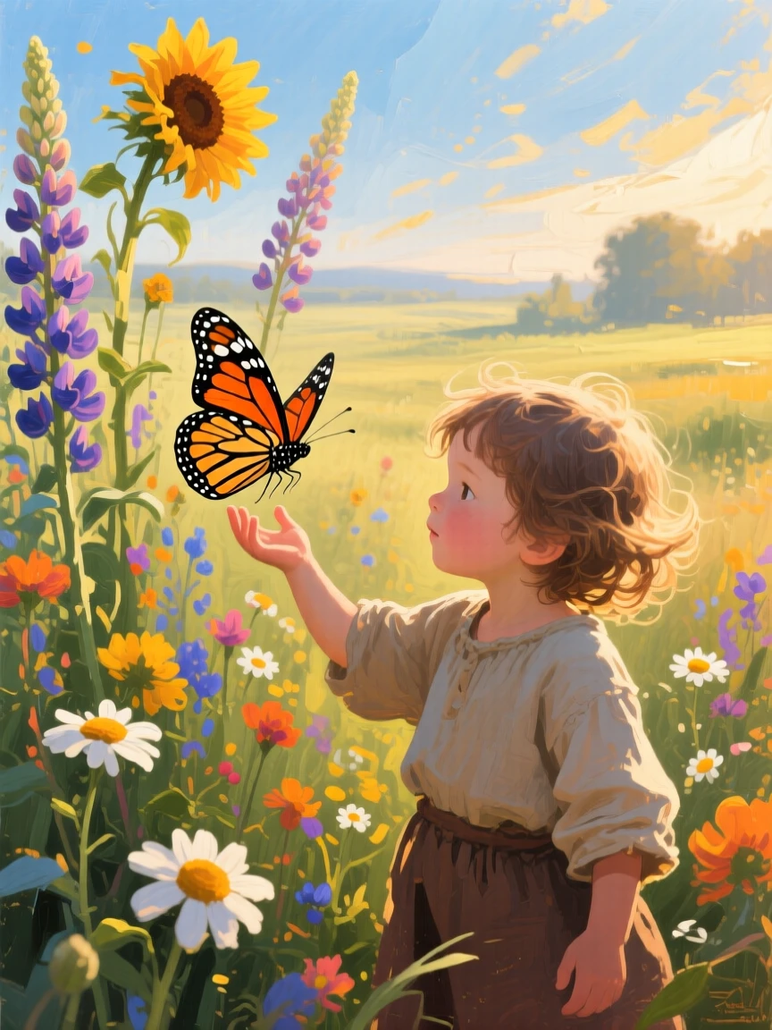 a child releasing a butterfly among tall flowers, in soft morning light, with a clear foreground, subject, and distant setting.