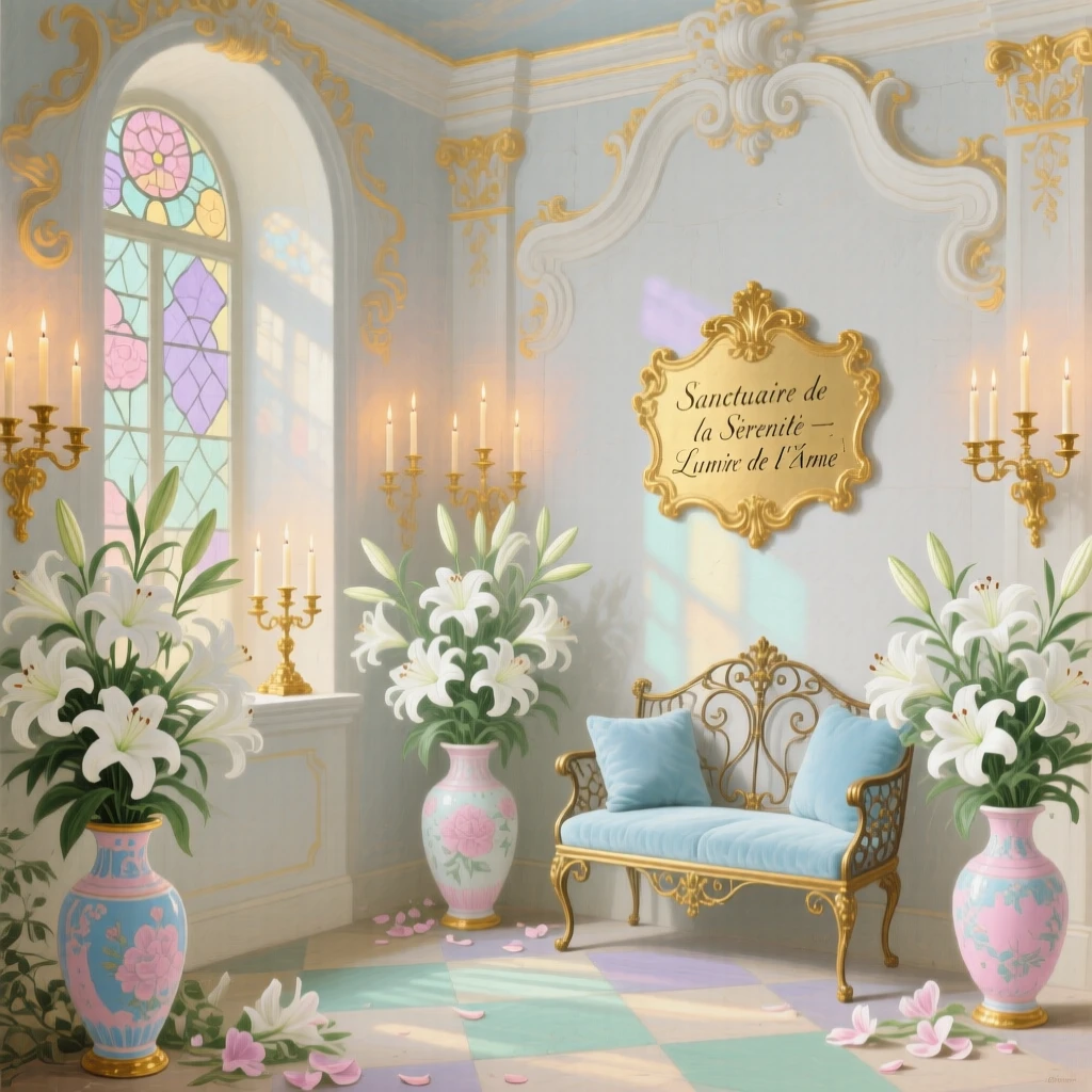 A quiet chapel alcove lit by candles and decorated with lilies  