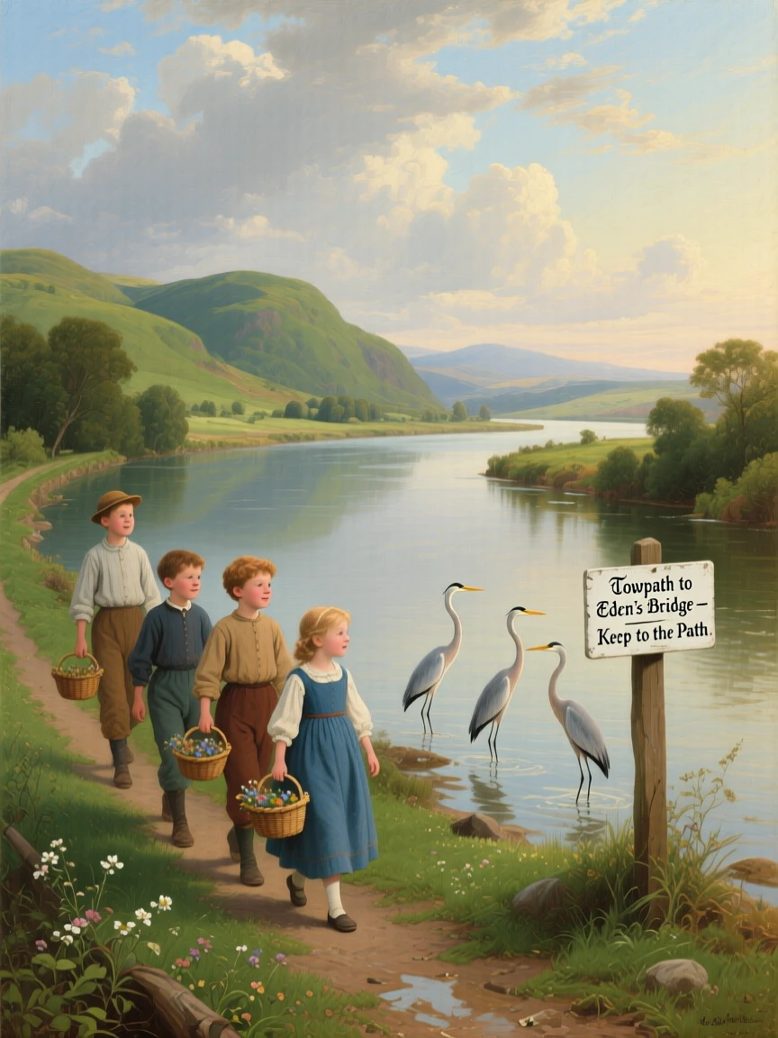 A group of children walks along the towpath of a wide river winding through green hills while herons wade in the shallows.